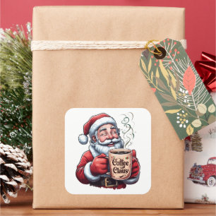 Pegatina Cuadrada Papá Noel sonriente bebiendo café Claus