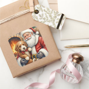 Pegatina Cuadrada Papá Noel sosteniendo arte de Navidad de Bernedood