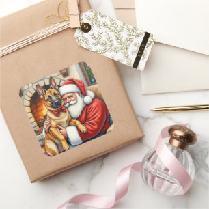 Pegatina Cuadrada Papá Noel sosteniendo arte navideño de Malinois be