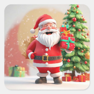 Pegatina Cuadrada Papá Noel sosteniendo regalo