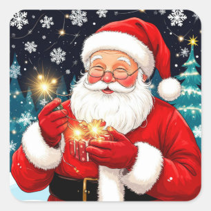 Pegatina Cuadrada Papá Noel sosteniendo regalo de Navidad en una noc