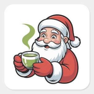 Pegatina Cuadrada Papá Noel sosteniendo una bebida de Matcha Navidad