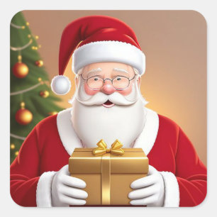 Pegatina Cuadrada Papá Noel sosteniendo una caja de regalo junto al