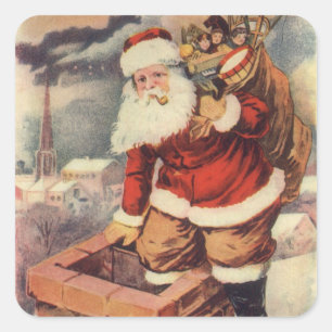 Pegatina Cuadrada Papá Noel Victoriano de Navidad Vintage en Chimene