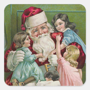 Pegatina Cuadrada "Papá Noel y cuatro niños "