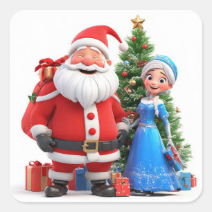 Pegatina Cuadrada Papá Noel y la Doncella de Nieve celebrando la Nav