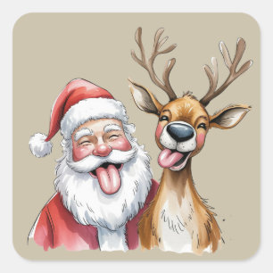 Pegatina Cuadrada Papá Noel y Reno divertidos Navidad Invierno