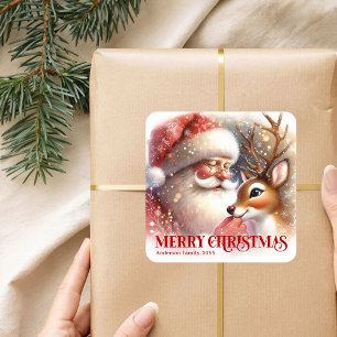 Pegatina Cuadrada Papá Noel y Rudolph Favor de fiesta de Navidad per