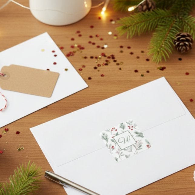 Pegatina Cuadrada Papel Botánico de Invierno con Monograma (Holiday initial monogram sticker)