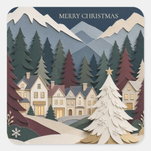 Pegatina Cuadrada Papel Cortado en Capas Navidad, Pueblo Alpino Neva