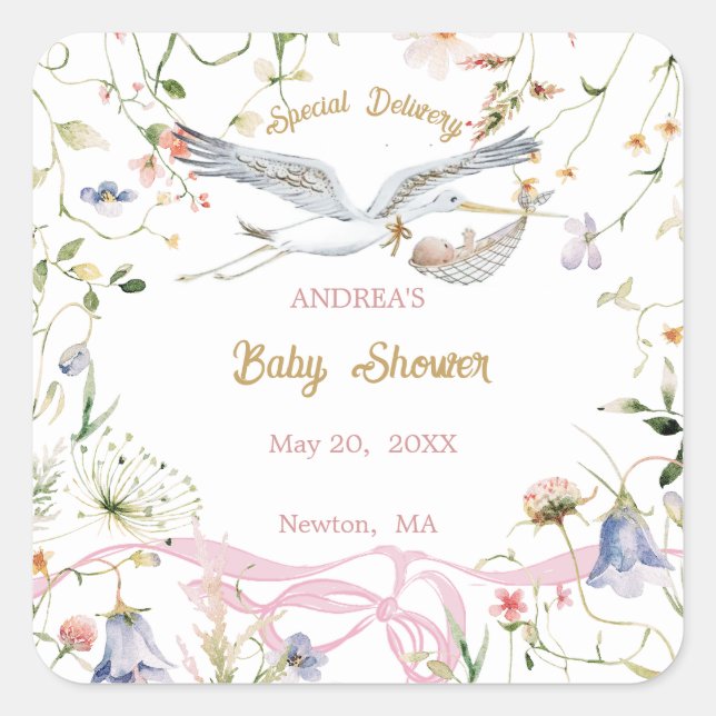 Pegatina Cuadrada Papel de Baby Shower de la cinta Stork Wildflower (Anverso)
