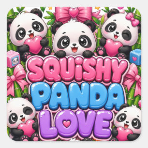 Pegatina Cuadrada Papel de regalo de Panda Esponjoso Amor Kawaii