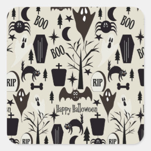 Pegatina Cuadrada Papel de regalo Happy Halloween negro