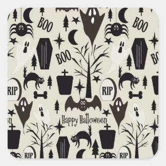 Pegatina Cuadrada Papel de regalo Happy Halloween negro
