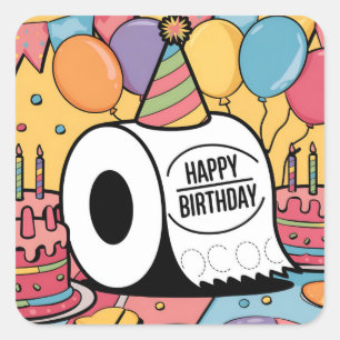 Pegatina Cuadrada Papel higiénico con globos gorras de cumpleaños