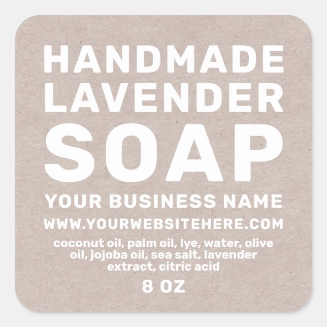 Pegatina Cuadrada Papel Kraft moderno para jabón de lavanda artesana (Anverso)