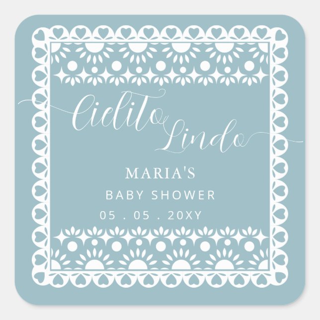 Pegatina Cuadrada Papel mexicano Picado Cielito Lindo Baby Shower (Anverso)