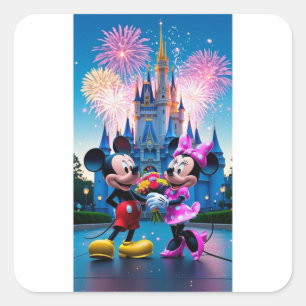Pegatina Cuadrada Papel para fiesta de Mickey y Minnie Mouse del Cas