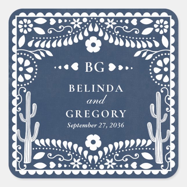 Pegatina Cuadrada Papel Picado Boda Mexican Rustic Blue Wedding (Anverso)