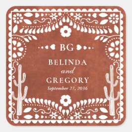 Pegatina Cuadrada Papel Picado Boda Mexicana Terracota Marrón Bodas