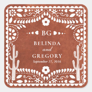 Pegatina Cuadrada Papel Picado Boda Mexicana Terracota Marrón Bodas