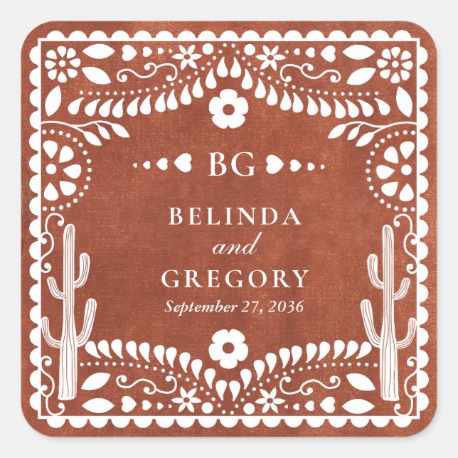 Pegatina Cuadrada Papel Picado Boda Mexicana Terracota Marrón Bodas (Anverso)