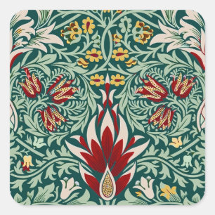 Pegatina Cuadrada Papel pintado floral verde bosque de William Morri