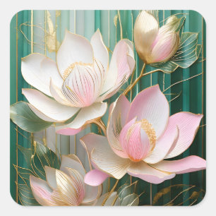 Pegatina Cuadrada Papel pintado floreado Arte de magnolia japonesa