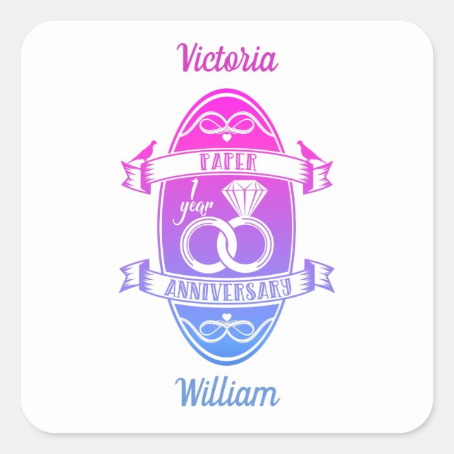 Pegatina Cuadrada Papel tradicional primer aniversario Boda (Anverso)