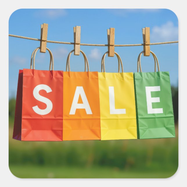 Pegatina Cuadrada Paper Shopping Bags On a Clothesline (Anverso)