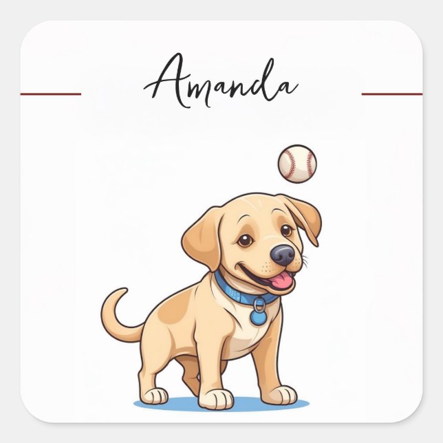 Pegatina Cuadrada Papicolau labrador de beisbol amarillo juguetón (Anverso)