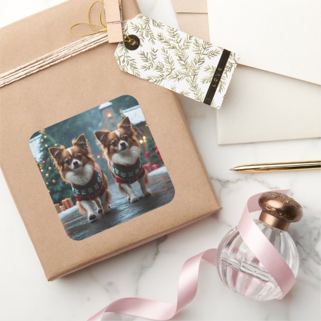 Pegatina Cuadrada Papillon Dogs Christmas Snow Holiday (Regalar)