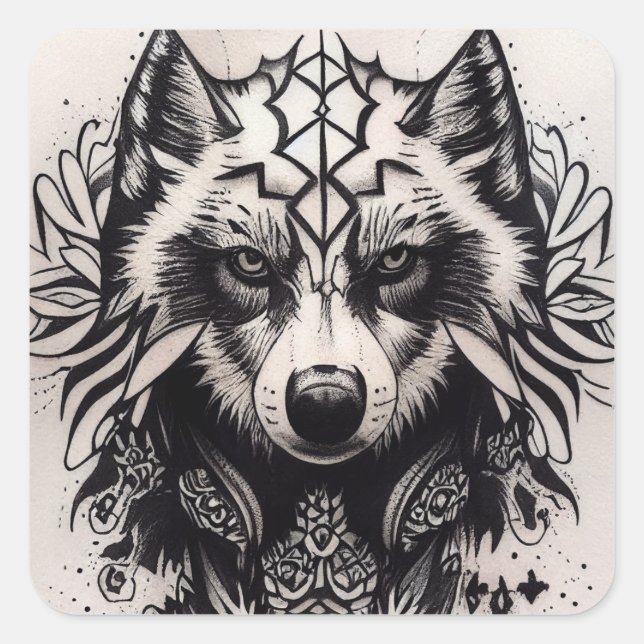 Pegatina Cuadrada Paquete Powerwolf de Lone Wolf Tribal Tattoo Wolve (Anverso)