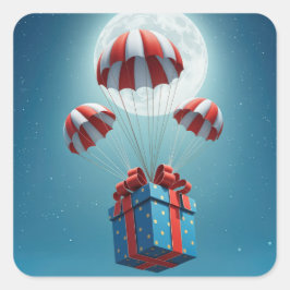 Pegatina Cuadrada Paracaídas entregando un regalo a los Navidades
