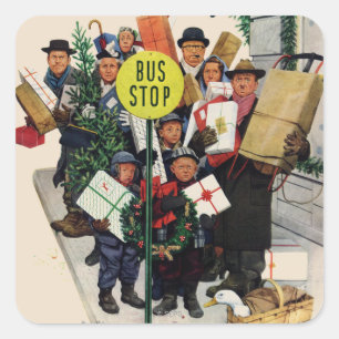 Pegatina Cuadrada Parada de autobús en el navidad