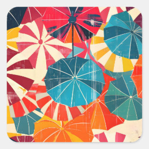 Pegatina Cuadrada Paraguas Retro Día Lluvioso Pop Art