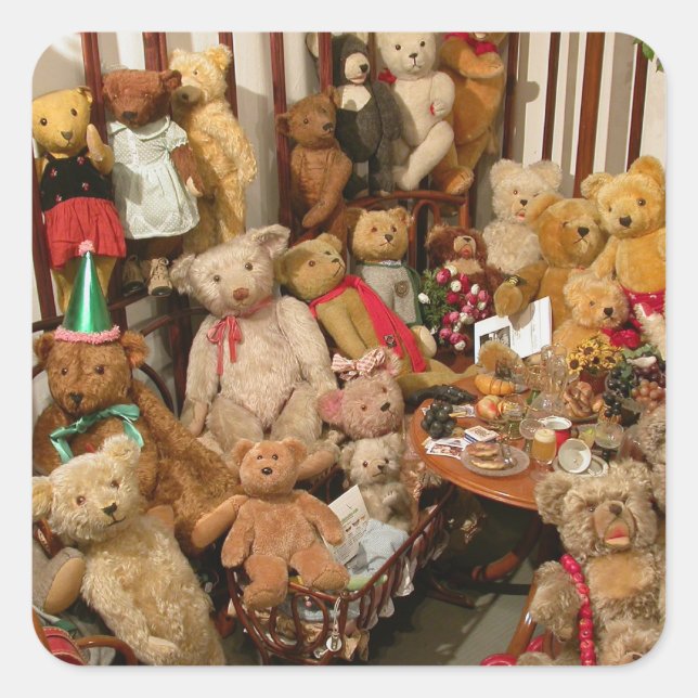 Pegatina Cuadrada Paraíso de coleccionistas de osos de peluche (Anverso)