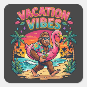 Pegatina Cuadrada Paraíso de la playa Bigfoot Vibraciones de vacacio