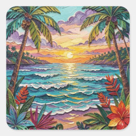 Pegatina Cuadrada Paraíso Tropical | Escena de Playa Costera Impasto