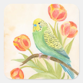 Pegatina Cuadrada Parakeet with Tulips 