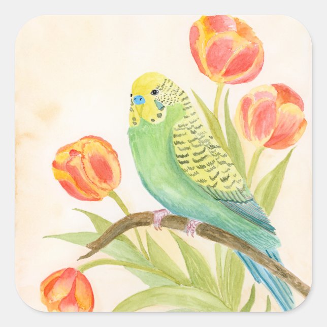 Pegatina Cuadrada Parakeet with Tulips  (Anverso)