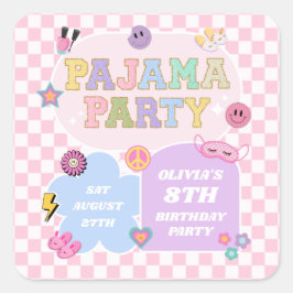 Pegatina Cuadrada Parche de cumpleaños del Fiesta Pajama Preppy Vars