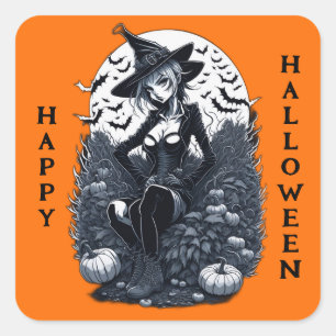 Pegatina Cuadrada Parche de la Calabaza de Brujas con Estilo Tattoo