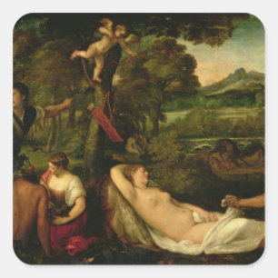 Pegatina Cuadrada Pardo Venus o Júpiter y Antiope