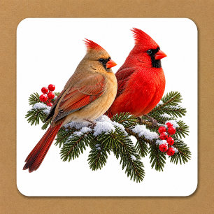 Pegatina Cuadrada Pare de cardenales realistas de rojo y verde de Na