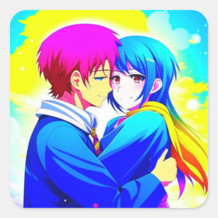 Pegatina Cuadrada Pareja anime abrazando rosa y azul