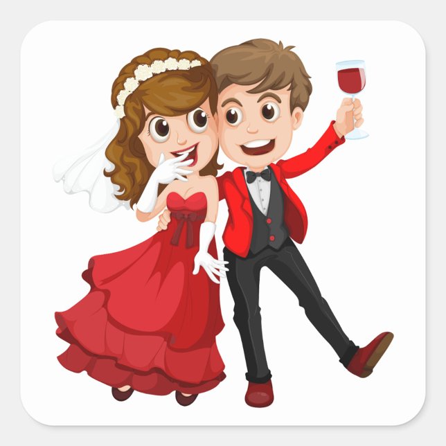 Pegatina Cuadrada Pareja boda (The bride, in her red gown, playfully covers her mouth while the groom raises a glass of wine.)