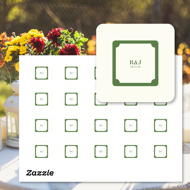 Pegatina Cuadrada Pareja boda Monograma Verde (Wedding Couple Monogram Green Square Stickers)