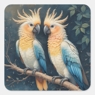 Pegatina Cuadrada Pareja Cockatoo Parrot