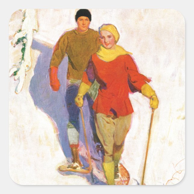 Pegatina Cuadrada Pareja con zapatos de nieve de McClelland Barclay (Anverso)